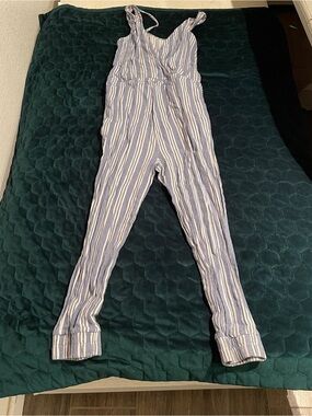 Girls Blue & White Striped Sleeveless Jumpsuit